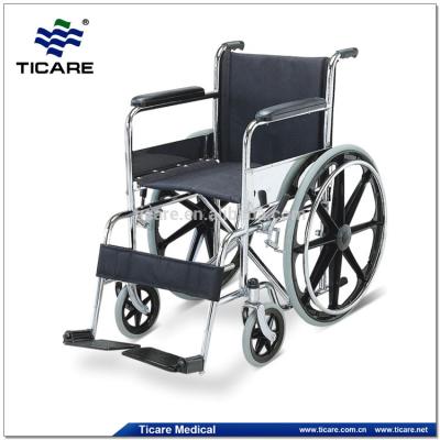 TICARE Wheelchair Chromed Steel Frame, Fixed Armrest and Fixed Footrest, Solid Castor, Solid Mag Wheel